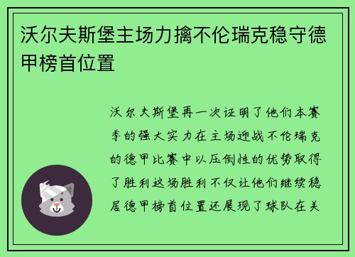 沃尔夫斯堡主场力擒不伦瑞克稳守德甲榜首位置